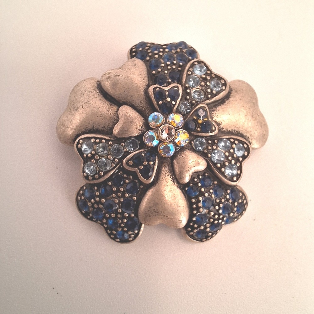 Vintage flower heart brooch blue rhinestones AB crystals textured antiqued tone